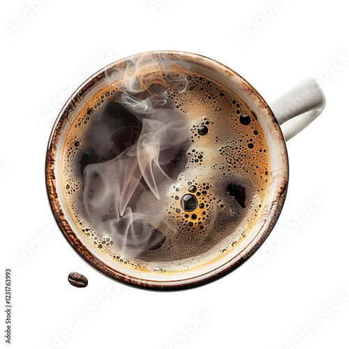 Top view of a steaming cup of coffee with rich crema, showcasing the warmth and aroma of a freshly brewed beverage in a white ceramic mug.