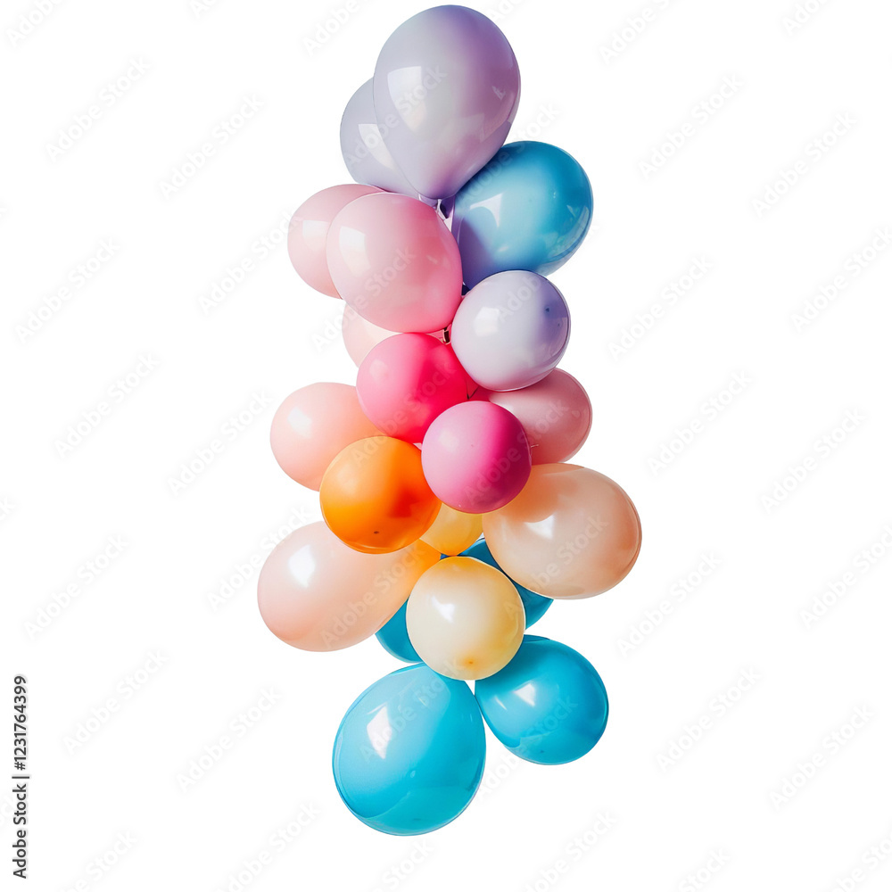 Vibrant cluster of multicolored balloons isolated on white background, perfect for party celebration and festive decoration. Vibrant cluster of multicolored balloons isolated on white background, perfect for party celebration and festive decoration.