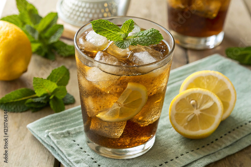 A glass of iced tea with lemon slices and mint leaves