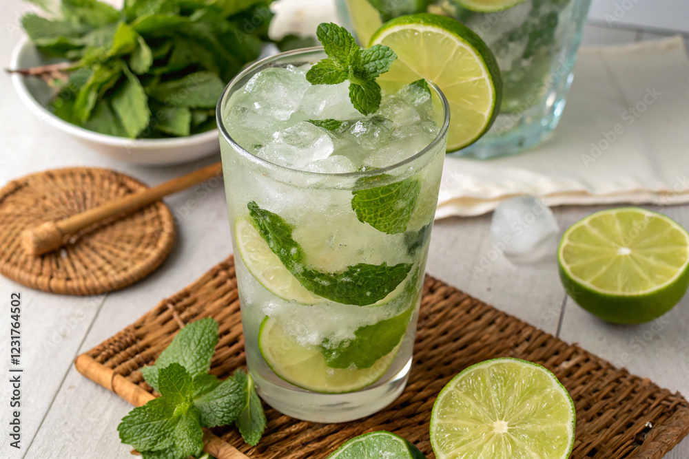 A glass of mojito with lime wedges and mint A glass of mojito with lime wedges and mint