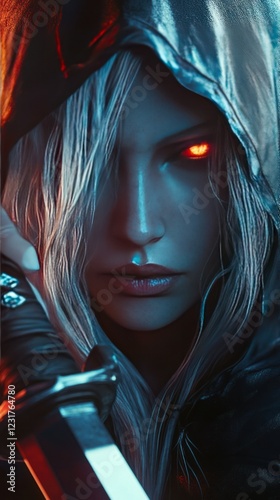 A striking hooded female figure with silver hair, glowing eye, and a katana, in a cel-shaded vibrant saturated background.