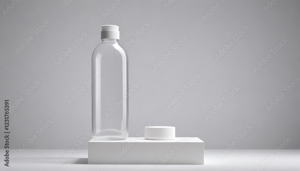 Transparent Plastic Bottle with White Cap on a White Platform Transparent Plastic Bottle with White Cap on a White Platform