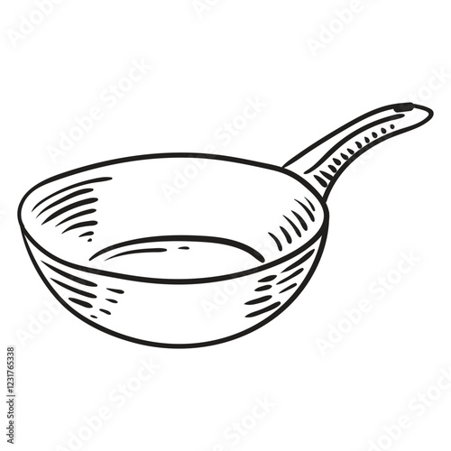 Frying pan for cooking. Food concept. Vintage illustration sketch for restaurant or diner menu. Vector kitchenware drawn with black lines by hand.