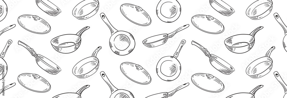 Obraz premium Pattern with Frying pan for cooking. Seamless background how sketch for restaurant or diner menu. Vector kitchenware drawn with black lines by hand.