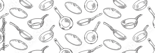 Pattern with Frying pan for cooking. Seamless background how  sketch for restaurant or diner menu. Vector kitchenware drawn with black lines by hand.
