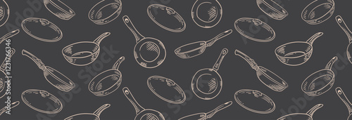 Pattern with Frying pan for cooking. Seamless background in sketch style for restaurant or diner menu. Vector kitchenware drawn with black lines by hand.