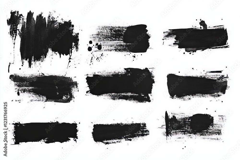 Various strokes of black paint arranged artistically on a white canvas for creative design purposes Various strokes of black paint arranged artistically on a white canvas for creative design purposes