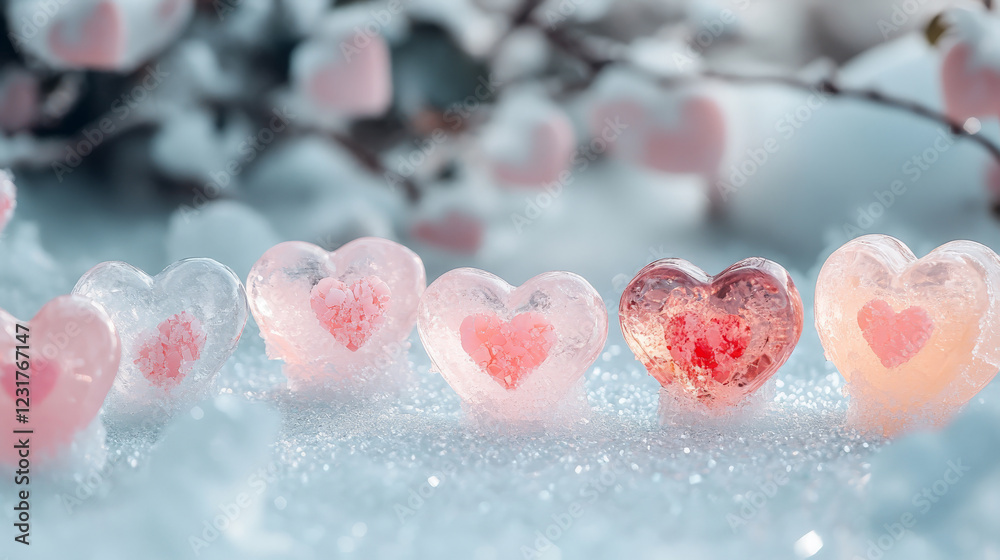 Fototapeta premium Frozen hearts in the snow. A delicate and romantic winter scene.