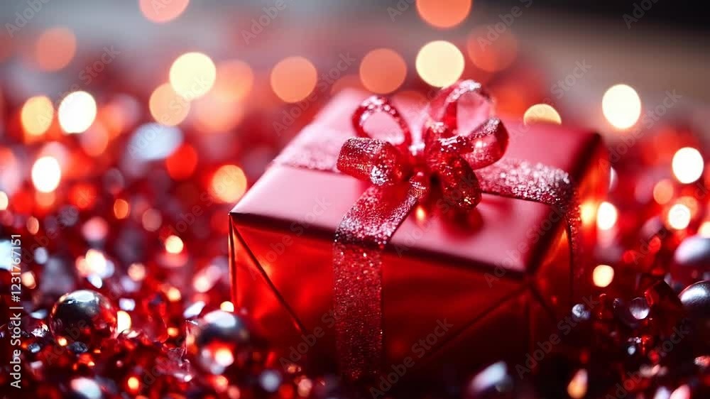 Red gift box with glittery bow on sparkling background, festive celebration animation perfect for holiday greetings and special occasions horizontal video Red gift box with glittery bow on sparkling background, festive celebration animation perfect for holiday greetings and special occasions horizontal video