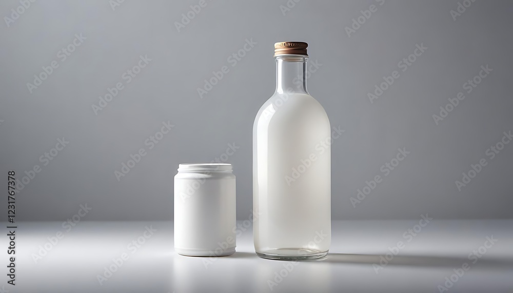 White Can and Glass Bottle Filled with Opaque Liquid on Grey Background