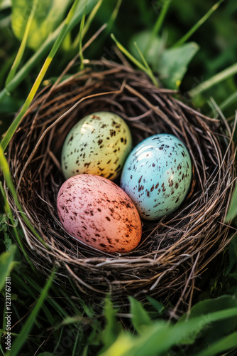 Multi-coloured easter eggs in nest on meadow. Happy Easter greeting card