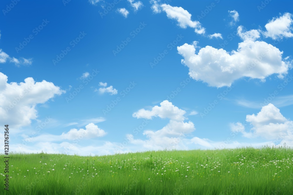 Idyllic landscape showing a green meadow with white flowers under a blue sky with clouds Idyllic landscape showing a green meadow with white flowers under a blue sky with clouds