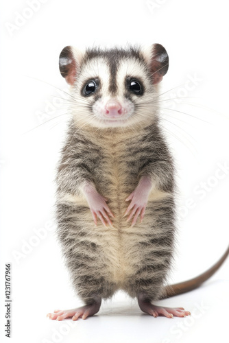 Opossum in a curious pose on a white background, adding a touch of charm and surprise