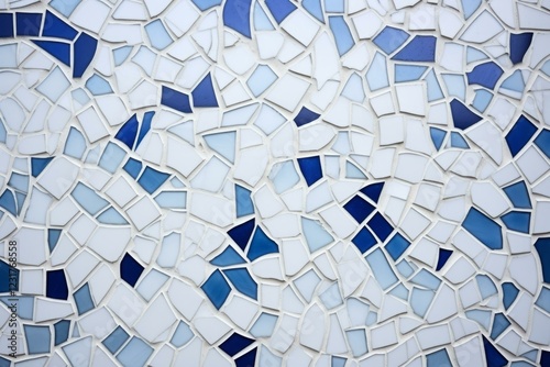 Irregular blue and white mosaic tiles forming a decorative pattern, ideal for backgrounds and design projects © juliars