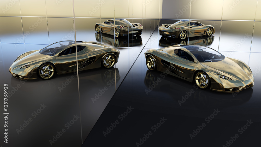 Obraz premium Goldfarbener Sportwagen vor einer Spiegelwand