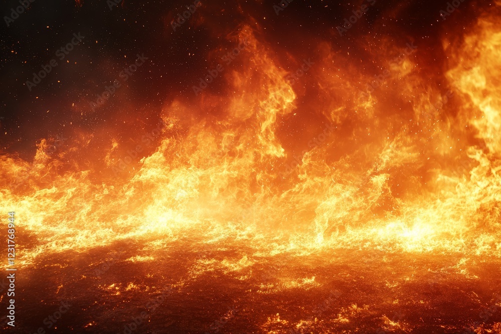 Fototapeta premium Flames engulf the landscape during a fierce wildfire at dusk creating a dramatic, intense atmosphere