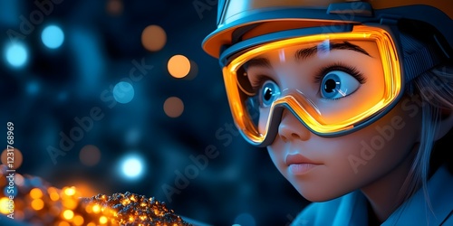 A young girl in safety goggles and a helmet, focused on handling glowing materials, with a background of soft lights. Concept Safety First, Young Innovator, Glowing Materials, Creative Environment photo