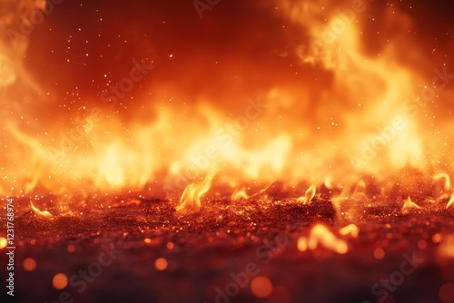 Bright flames dance across a molten landscape filled with glowing embers as fire consumes the earth in this fiery spectacle photo