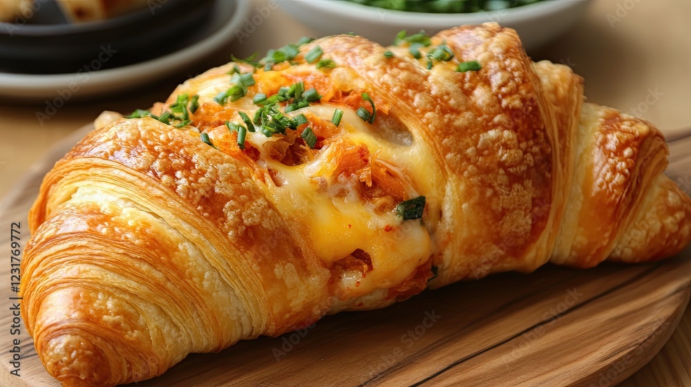 A croissant filled with spicy kimchi and melted cheese, fusing French and Korean flavors. A croissant filled with spicy kimchi and melted cheese, fusing French and Korean flavors.