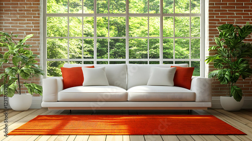 3D Illustration Cozy Living Room Interior White Sofa Orange Rug Brick Wall Plants Window Natural Light
