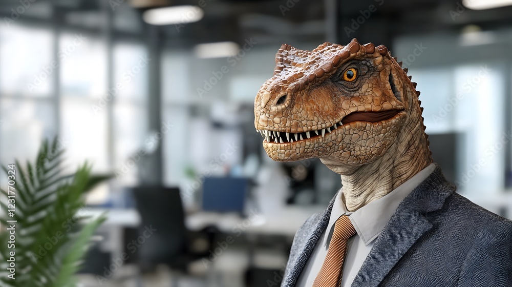 Business dinosaur in a corporate office environment showcasing creativity and unique perspectives in work Business dinosaur in a corporate office environment showcasing creativity and unique perspectives in work