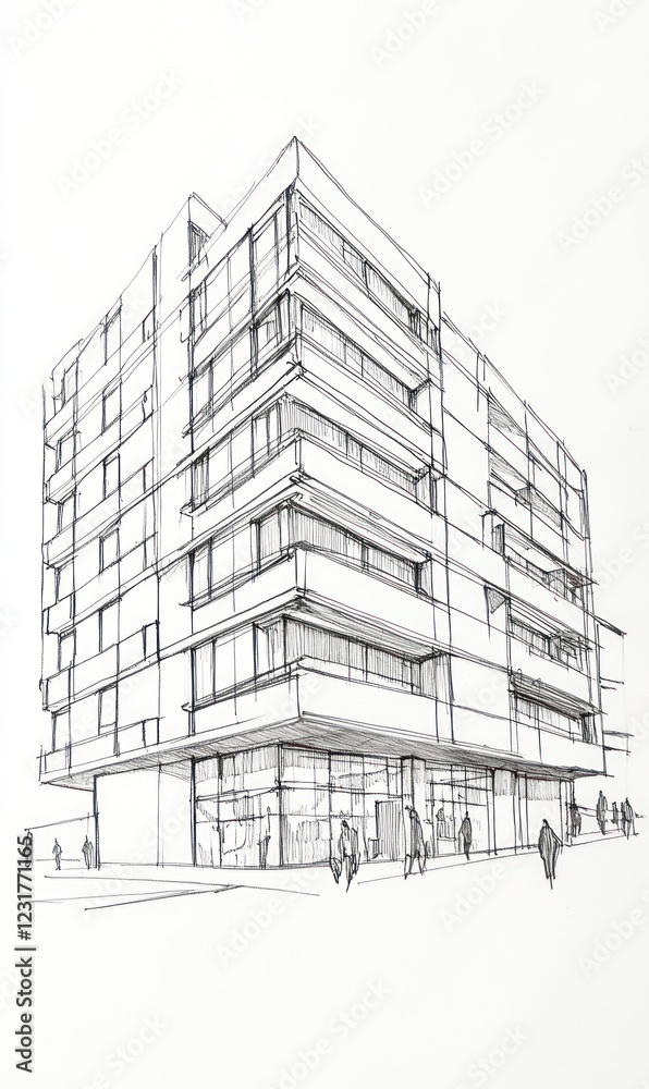 Architectural Sketch of a Modern Multistory Building