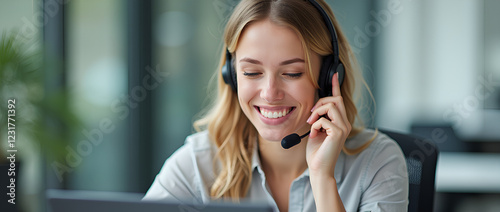 Smiling happy call center agent wearing headset talking to client, contract service telemarketing operator using laptop having conversation working in customer tech assistance support office