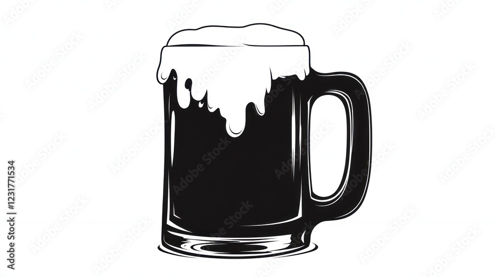 Frothy beer mug, pub drink, white background, alcohol beverage, menu graphic Frothy beer mug, pub drink, white background, alcohol beverage, menu graphic