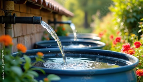 Water flowing into rain barrels garden irrigation sustainable gardening outdoor water collection