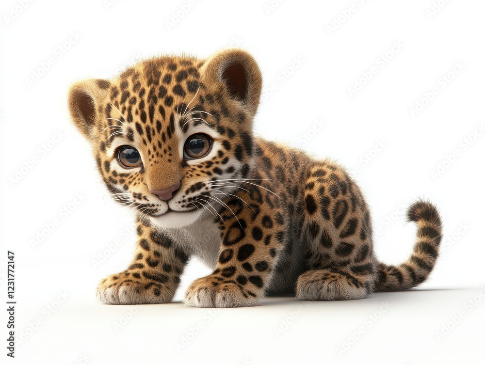 Obraz premium Crouching baby leopard cub in studio wildlife photography young animal soft lighting adorable expression