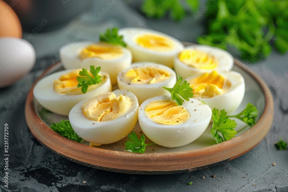 Freshly cooked boiled eggs seasoned with pepper and parsley, served on a rustic plate, creating a simple yet appealing presentation Freshly cooked boiled eggs seasoned with pepper and parsley, served on a rustic plate, creating a simple yet appealing presentation