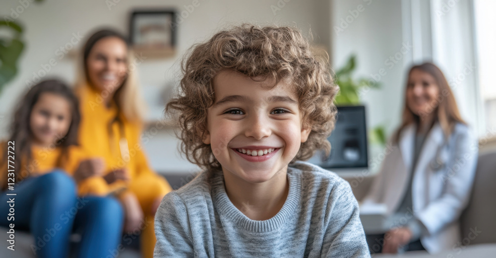 Smiling child enjoys family time with joyful adults in cozy indoor setting Smiling child enjoys family time with joyful adults in cozy indoor setting