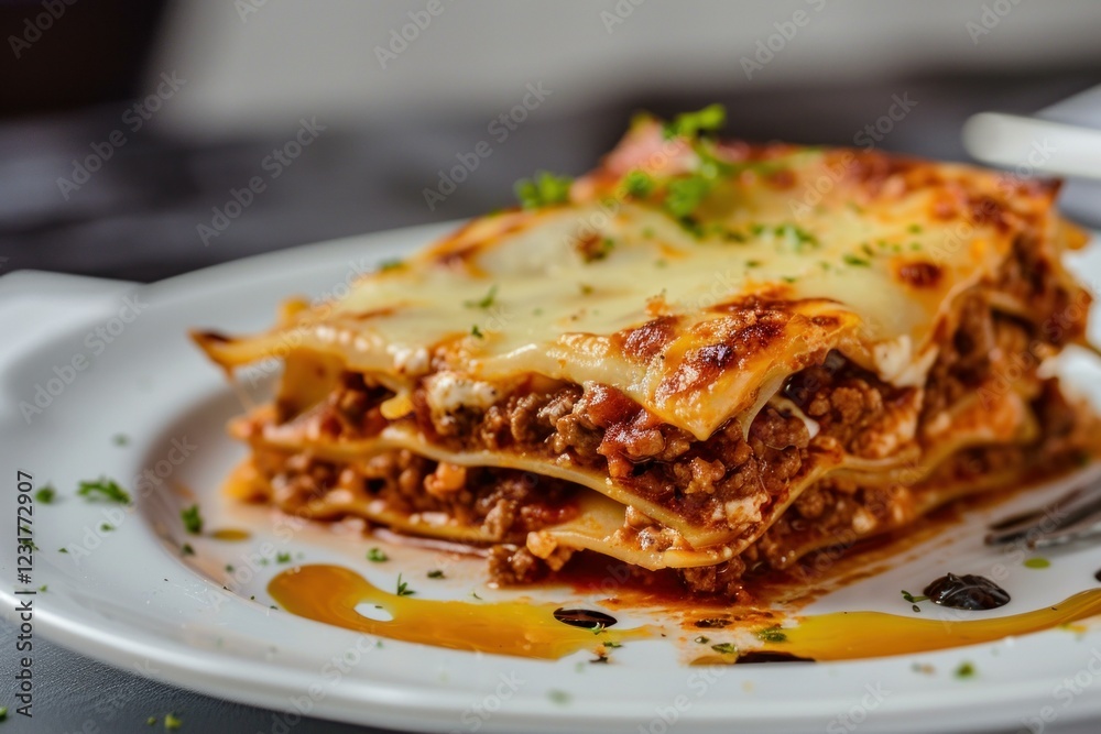 Serving of lasagna bolognese with melted cheese and parsley topping on a white plate, ready to be enjoyed Serving of lasagna bolognese with melted cheese and parsley topping on a white plate, ready to be enjoyed