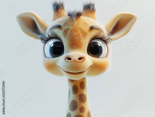 Curious baby giraffe in whimsical cartoon setting bright close-up illustration photo