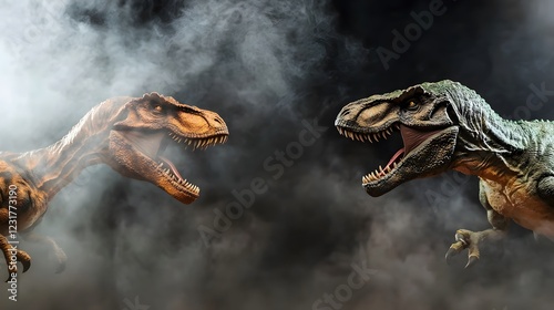 Dinosaur Encounter in a Mysterious Atmosphere with Two Tyrannosaurus Rex Showcasing Intricate Details