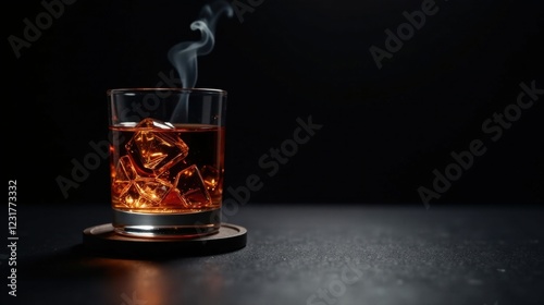 Wallpaper Mural A rocks glass filled with amber liquid and ice cubes, subtly smoking, rests on a dark surface.  The scene is dimly lit, creating a sophisticated and mysterious ambiance. Torontodigital.ca