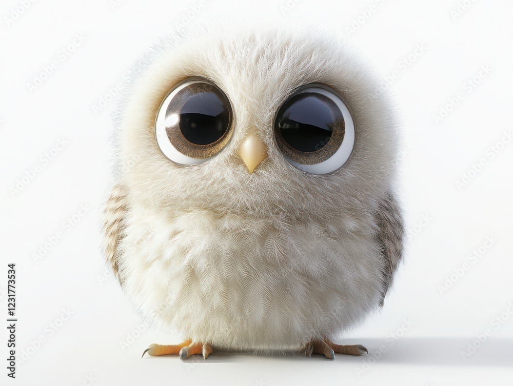 Obraz premium Fluffy baby owl with big eyes close-up photography cute animal portrait soft white background adorable viewpoint
