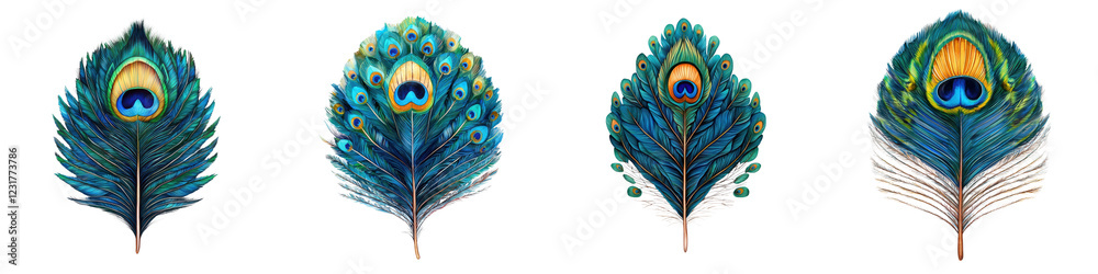 Obraz premium Closeup of Magnificent Peacock Feather Plumes Displaying a Vibrant Palette of Blue Green and Yellow Colors Exotic and Ornate Feather Pattern with a Shimmering Iridescent Appearance