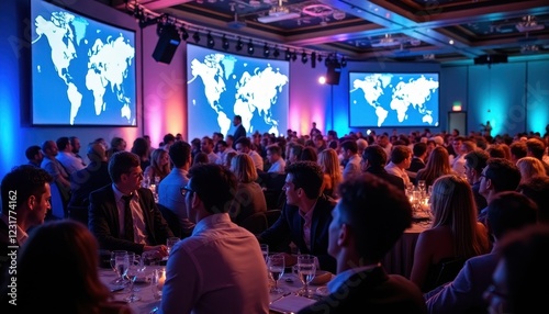 Global Business Conference Attendees Networking at Dinner Event with World Map Projections