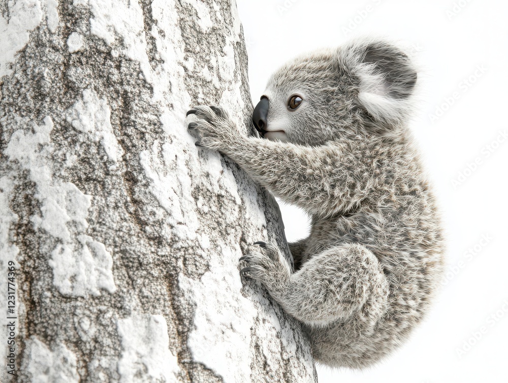 Fototapeta premium Baby koala clinging to tree australian wildlife animal photography nature close-up endearing concept