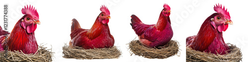 Red rooster and hens nestled in a cozy straw nest on a rustic countryside farm  Poultry birds with vibrant plumage and distinctive crests perched in their natural agricultural habitat photo