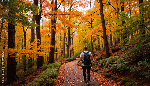 Solo hiker walking along winding autumn trail, nature tranquility