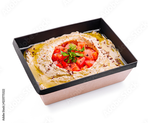 Delicious hummus topped with fresh tomatoes and herbs served in a stylish container photo