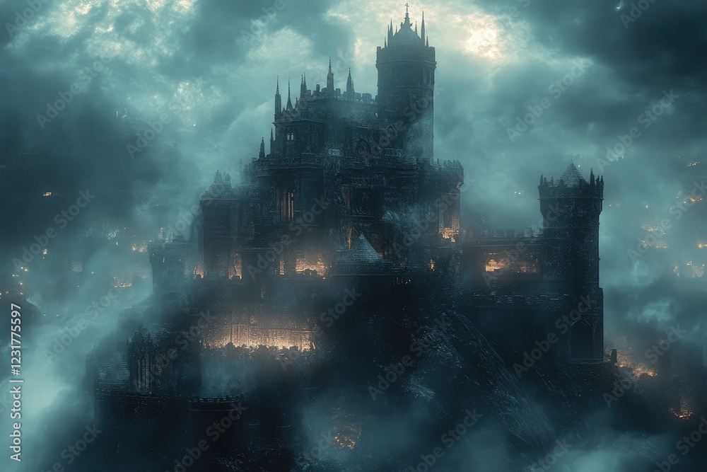 A fantasy castle with animated gargoyles and magical defenses, standing tall amidst a swirling fog, with an atmosphere charged with power and mystery. A fantasy castle with animated gargoyles and magical defenses, standing tall amidst a swirling fog, with an atmosphere charged with power and mystery.
