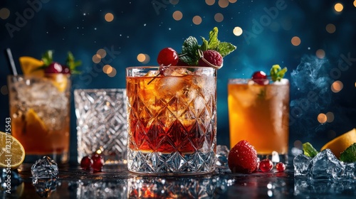 Glass filled with colorful drink garnished with herbs on elegant cocktail mixology banner design