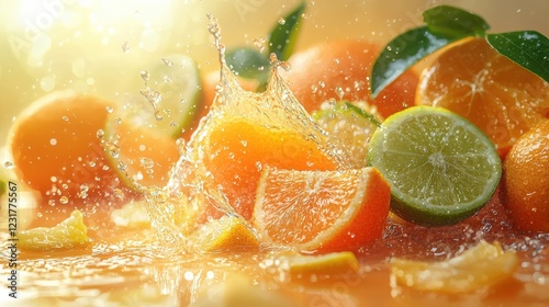 Fresh oranges and limes splashing into a glass with fruit juice banner and bright citrus colors