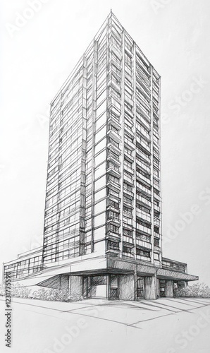 Detailed Sketch of a Modern Multistory Building