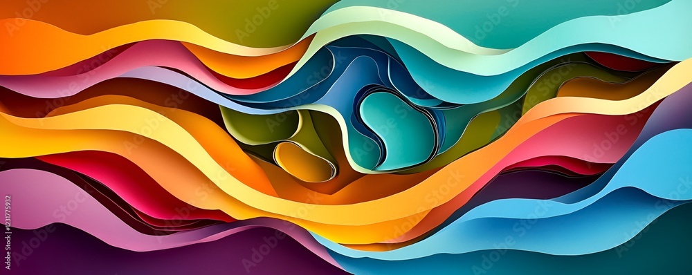 Abstract layered paper cutout style with vibrant color contrasts and flowing organic shapes Abstract layered paper cutout style with vibrant color contrasts and flowing organic shapes