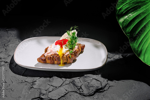 Fototapeta Naklejka Na Ścianę i Meble -  Deliciously plated toast with poached egg, herbs, tobiko red caviar and tomatoes on a modern white plate