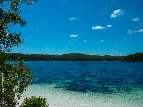 Pristine turquoise waters of Lake McKenzie on Fraser Island, Australia. Crystal-clear shallows meeting deep blue depths. Forested hills frame lake under vibrant blue sky with scattered white clouds photo